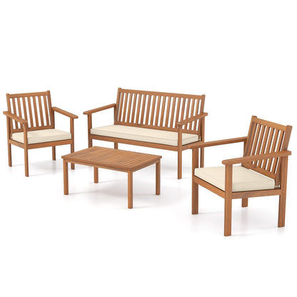 4 Piece Patio Wood Furniture Set Acacia Wood Sofa Set with Loveseat, Off White