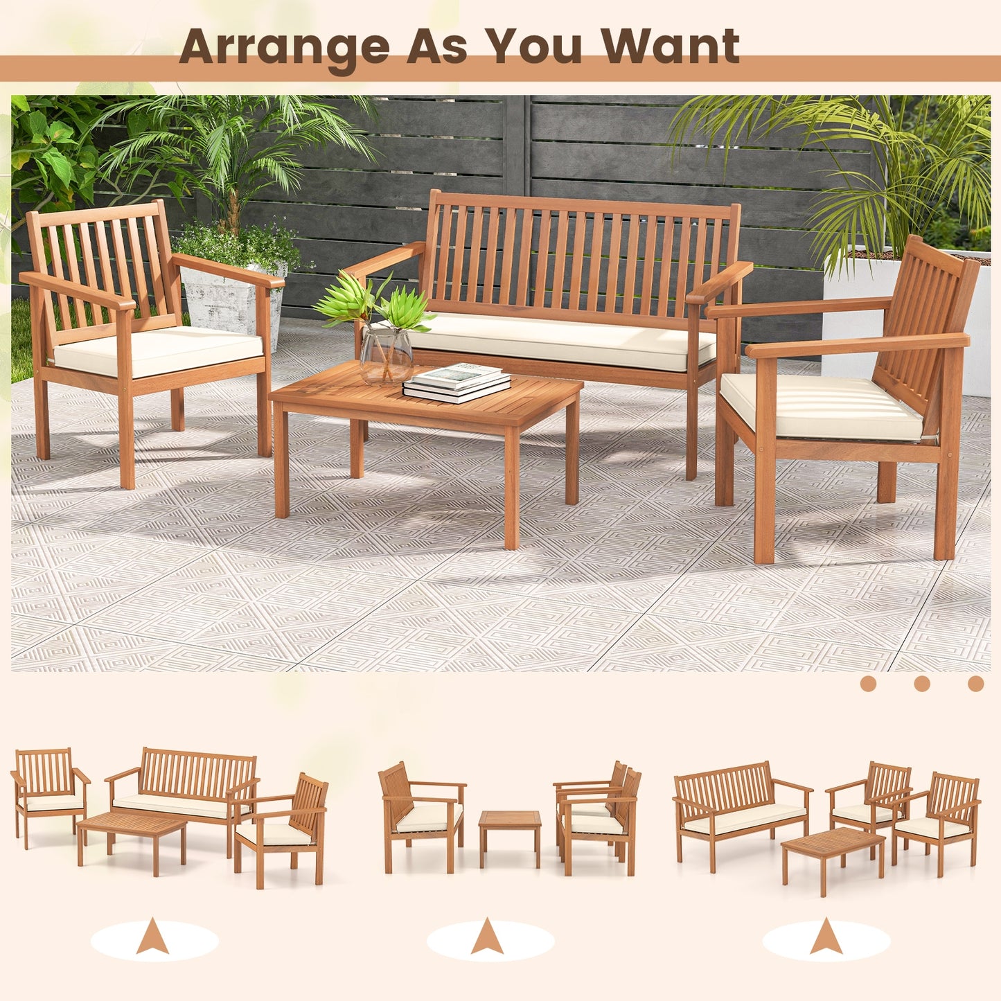 4 Piece Patio Sofa Set, Acacia Wood, Off White Patio Conversation Sets at Gallery Canada
