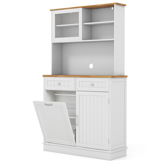 Double Tilt Out Trash Cabinet with Hutch and Rubber Wood Countertop, White