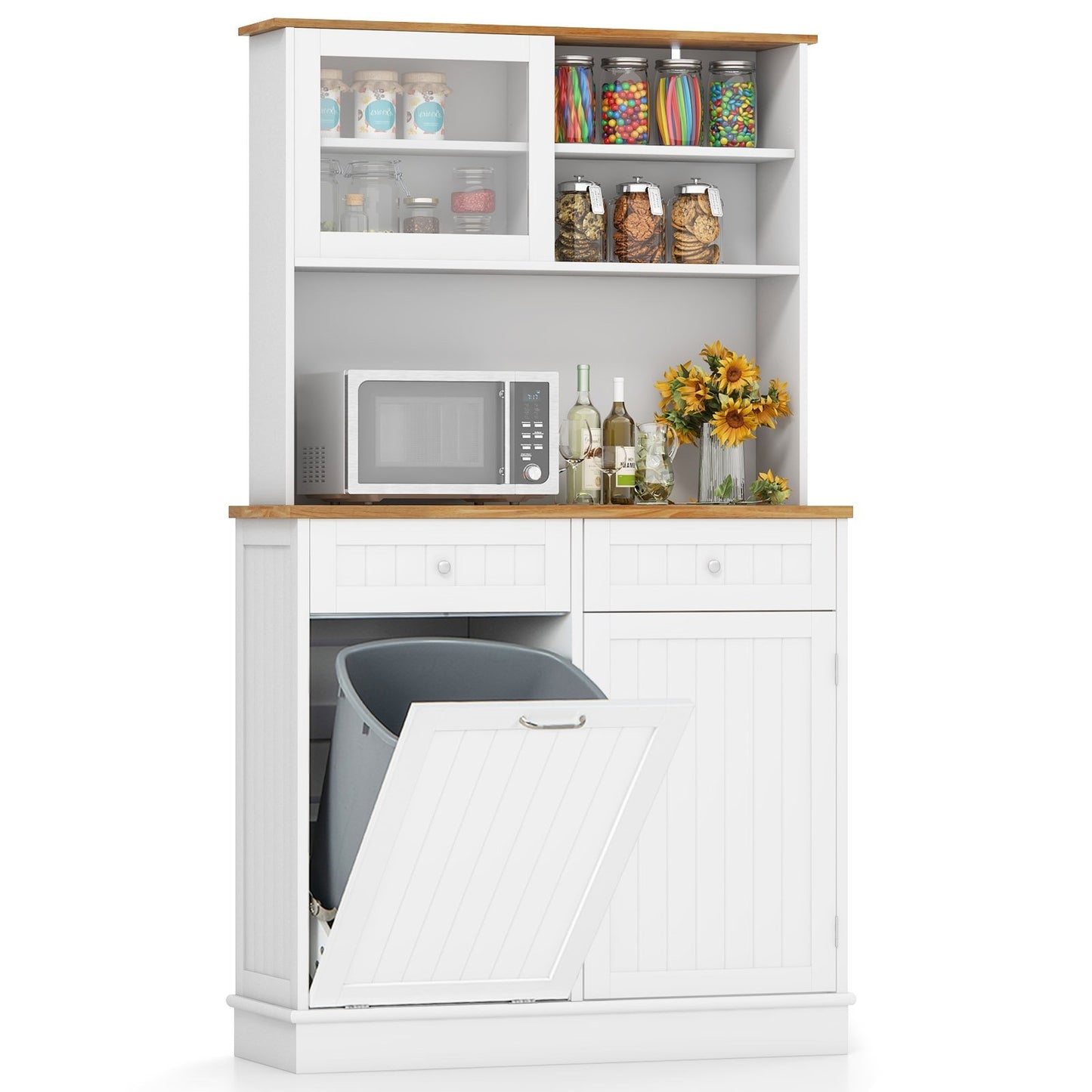 Double Tilt Out Trash Cabinet with Hutch and Rubber Wood Countertop, White
