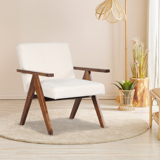 Modern Accent Chair, Linen Fabric, Acacia Wood Frame, Beige