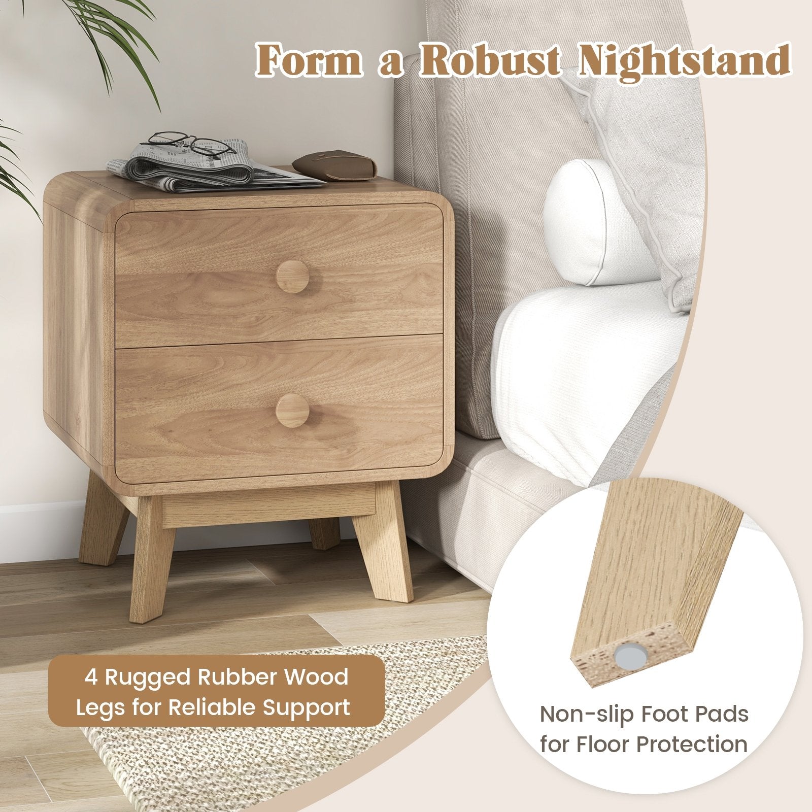 Nightstand with 2 Drawers Solid Rubber Wood Legs, Brown at Gallery Canada