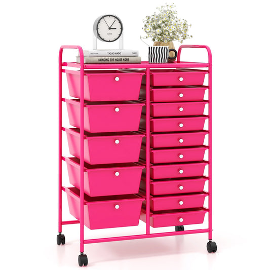 15-Drawer Utility Rolling Organizer Cart MultiUse Storage, Pink