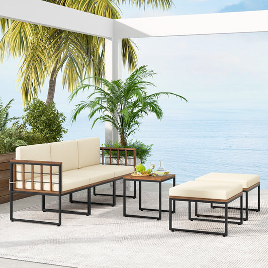 6-Piece Acacia Wood Patio Set, Coffee Table, Ottomans, Beige