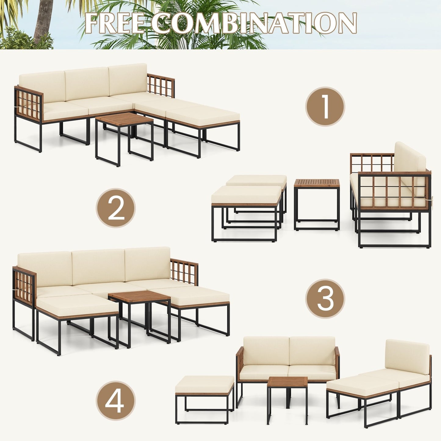 6 Pieces Acacia Wood Patio Furniture Set with Coffee Table and Ottomans, Beige