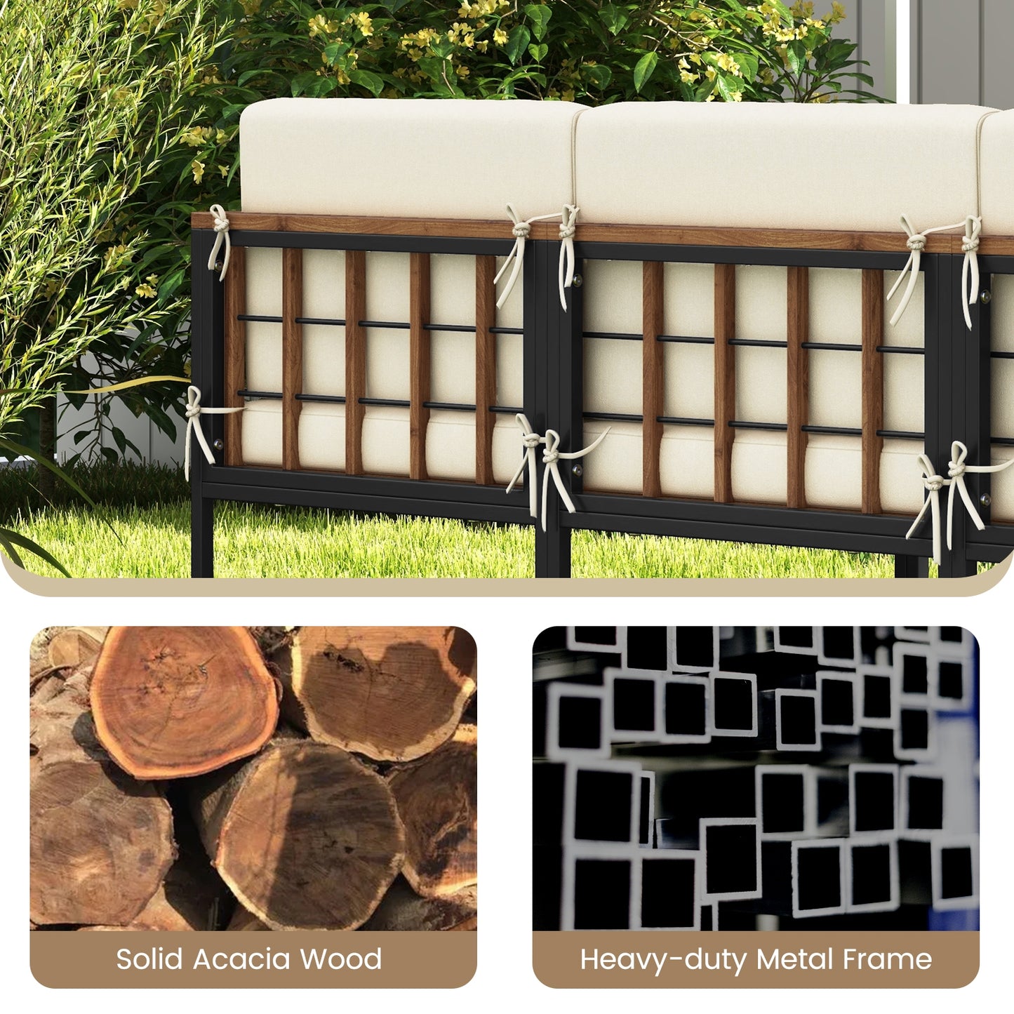 6 Pieces Acacia Wood Patio Furniture Set with Coffee Table and Ottomans, Beige Patio Conversation Sets at Gallery Canada