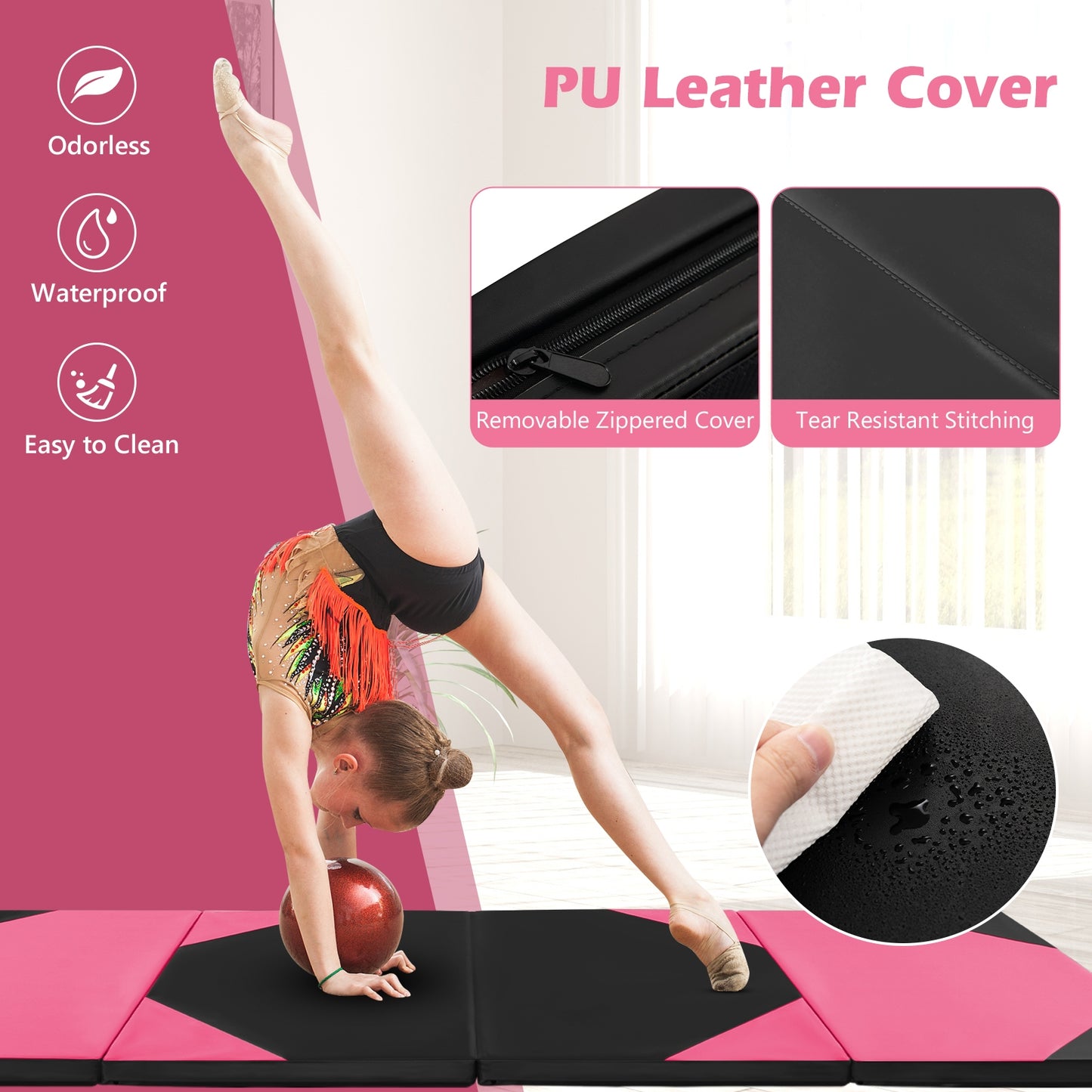 10 Feet x 4 Feet x 2 Inch Folding Exercise Mat, Black and Pink Yoga & Gym Mats at Gallery Canada