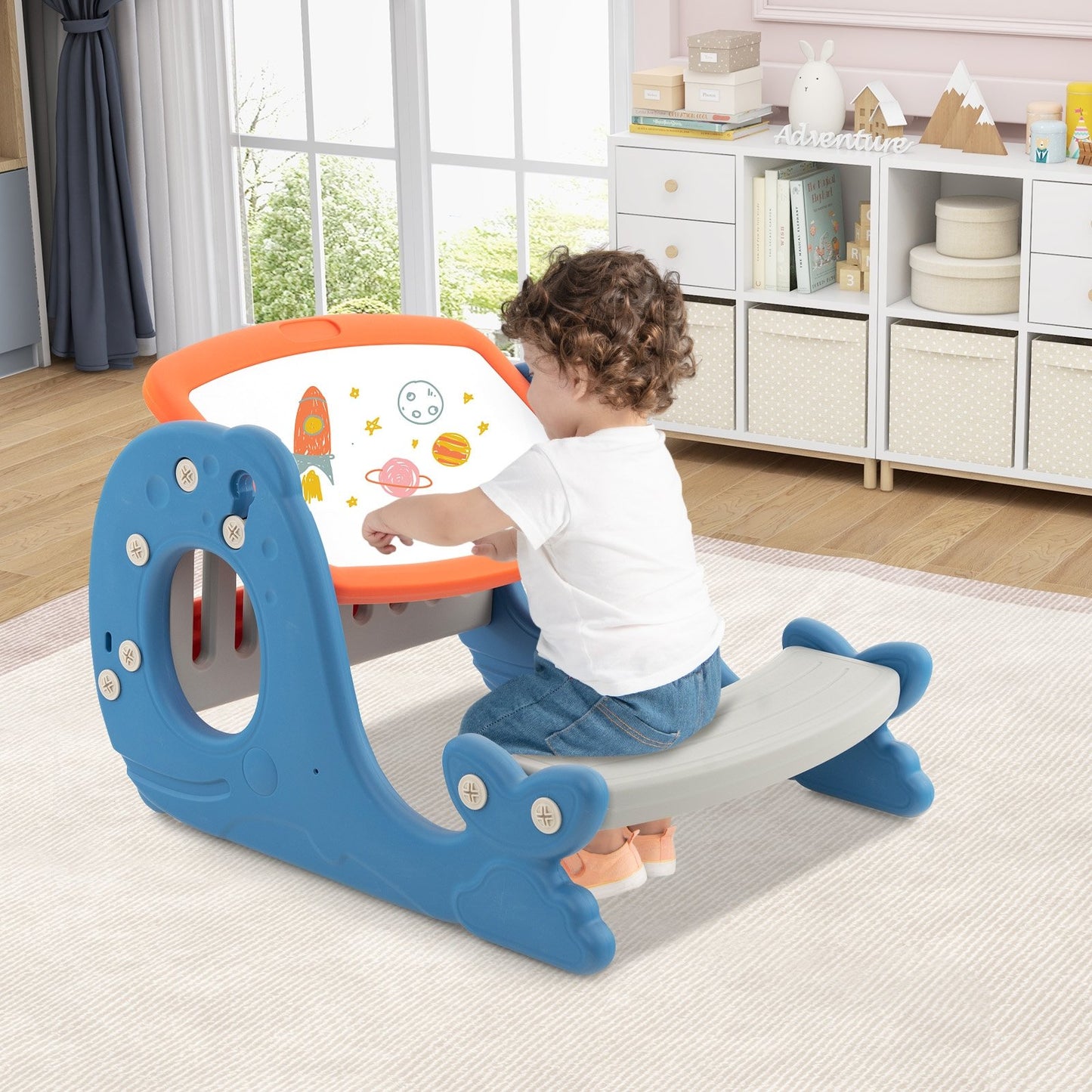 Convertible Kids Activity Table Set Toddler Easel with Erasable Whiteboard, Blue