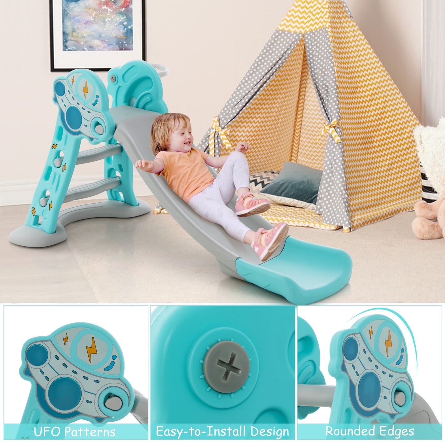 3-in-1 Folding Slide Playset, Basketball Hoop, Blue Climbers & Slides at Gallery Canada