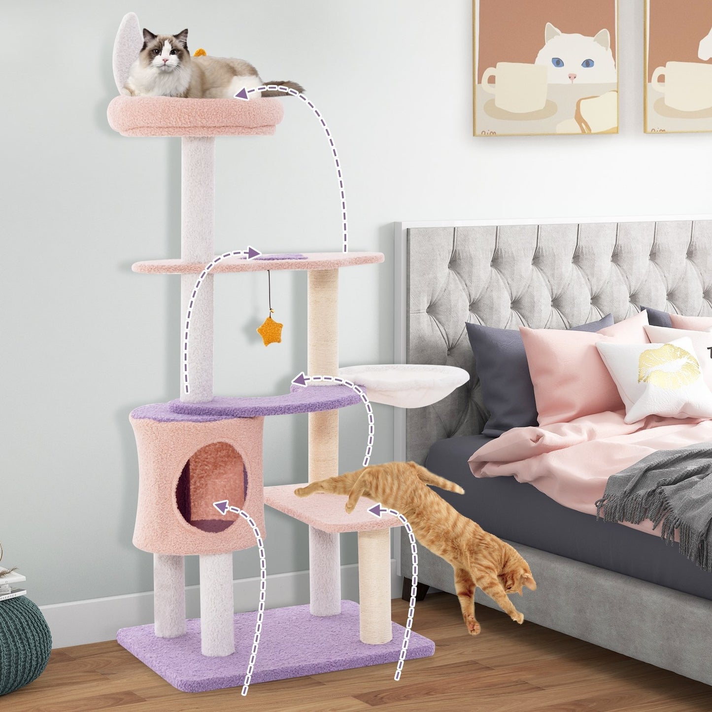 Multi-level Cat Tower with Sisal Covered Scratching Posts-S, Purple