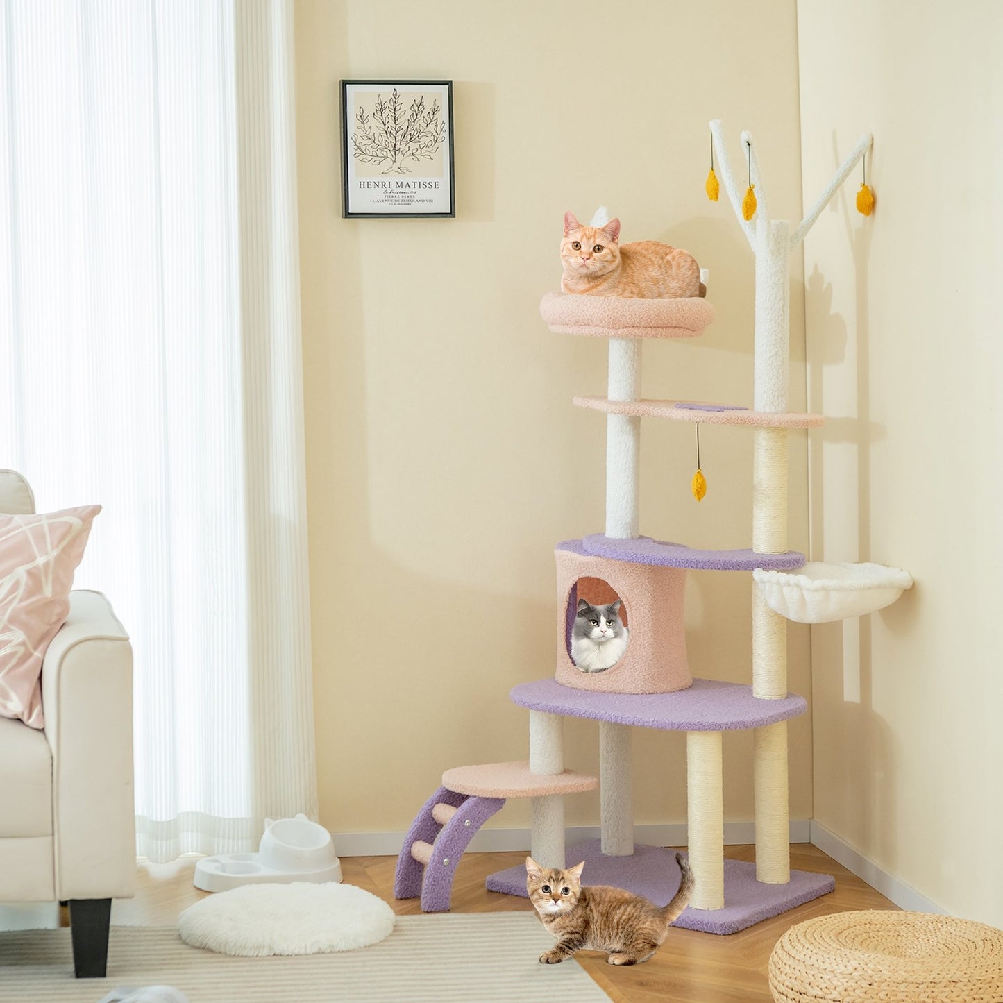 Multi-level Cat Tower with Sisal Covered Scratching Posts-M, Purple