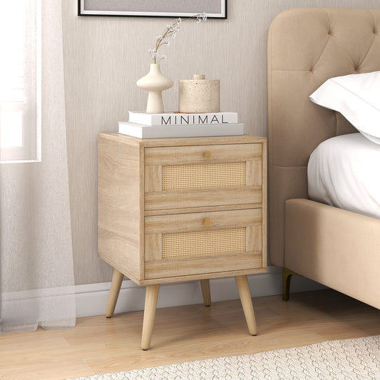 Rattan Nightstand, Boho Bedside Table, 2 Storage Drawers, Natural