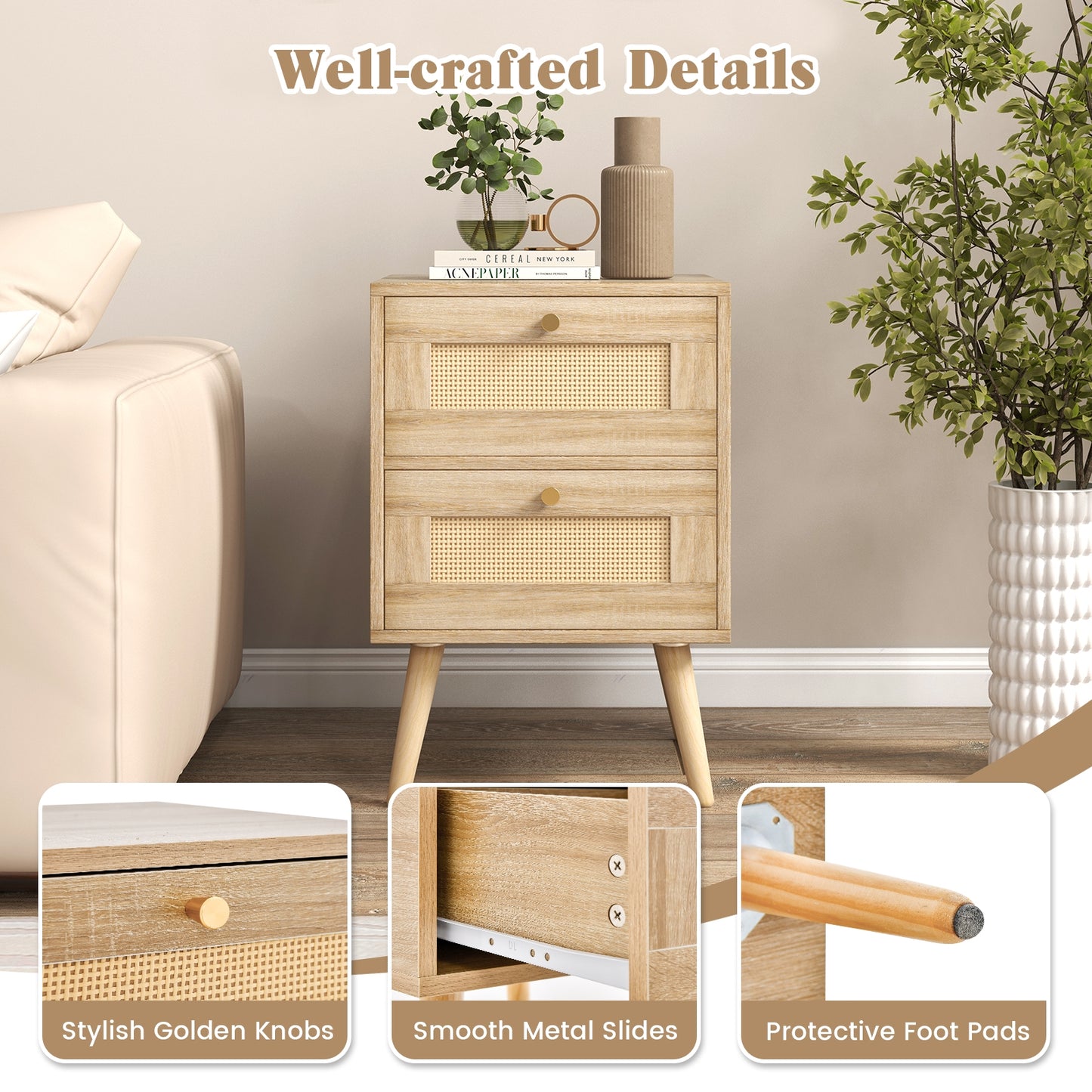 Rattan Nightstand, Boho Bedside Table, 2 Storage Drawers, Natural Nightstands at Gallery Canada