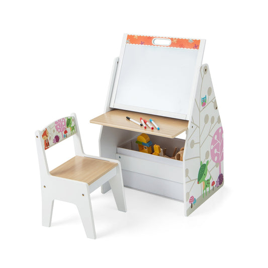3 in 1 Kids Easel and Play Station Convertible with Chair and Storage Bins, White
