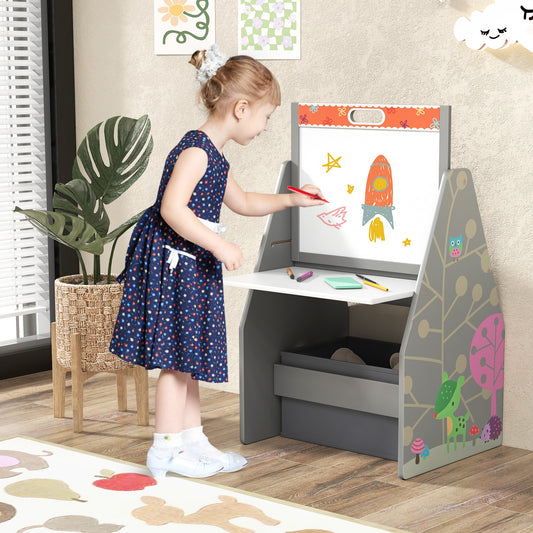 3 In 1 Kids Easel Play Station With Chair, Storage Bins, Gray