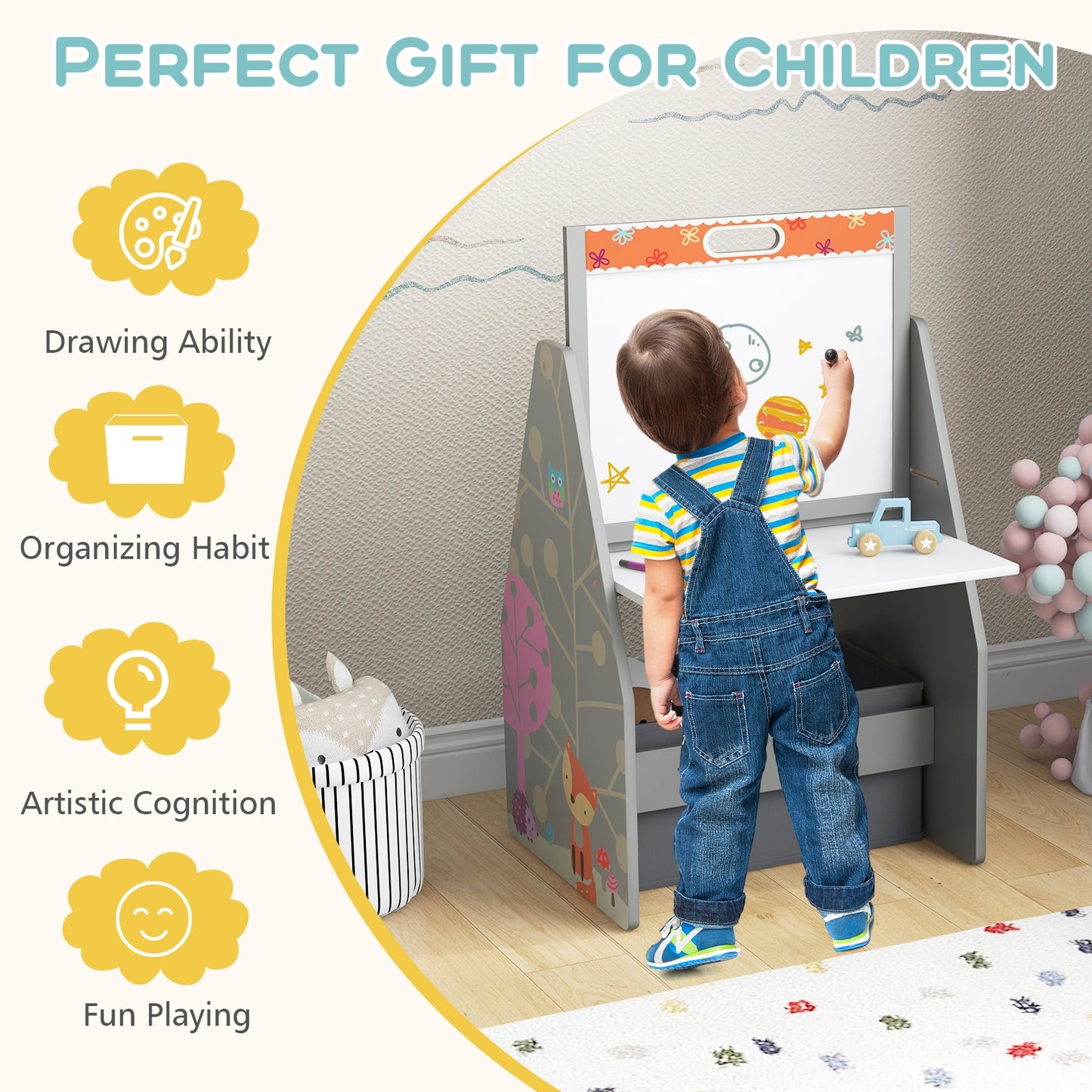 3 In 1 Kids Easel Play Station With Chair, Storage Bins, Gray Art Easels at Gallery Canada