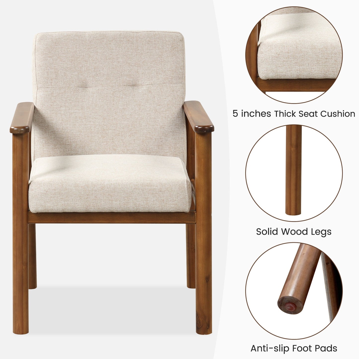 Modern Linen Armchair, Solid Wood Legs, Soft Cushioned Seat, Natural