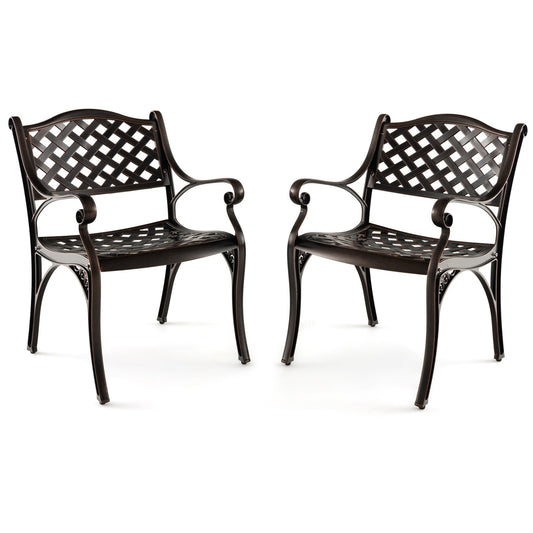 Cast Aluminum Patio Chairs Set of 2 Dining Chairs with Armrests Diamond Pattern, Bronze