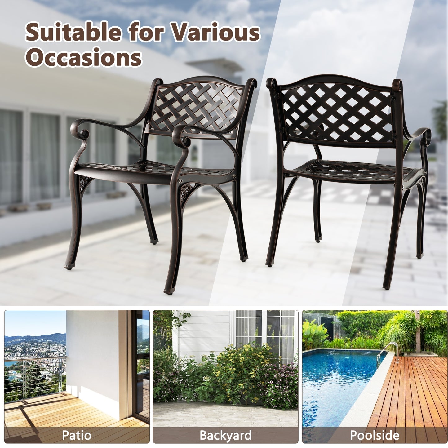 Cast Aluminum Patio Chairs Set of 2 Dining Chairs with Armrests Diamond Pattern, Bronze Patio Dining Chairs at Gallery Canada