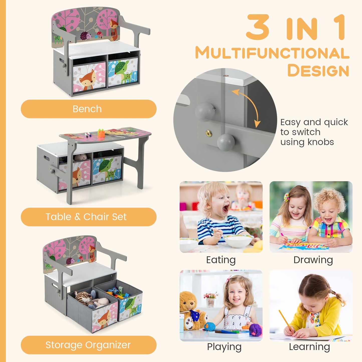 Kids Convertible Activity Bench, 3 In 1, 2 Removable Fabric Bins, Gray Kids Chairs & Seating at Gallery Canada