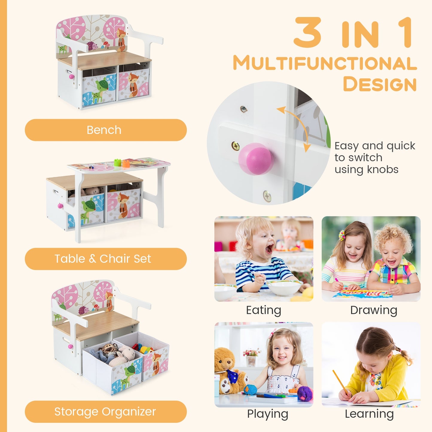 Kids Convertible Activity Bench, 2 Removable Fabric Bins, White Kids Chairs & Seating at Gallery Canada