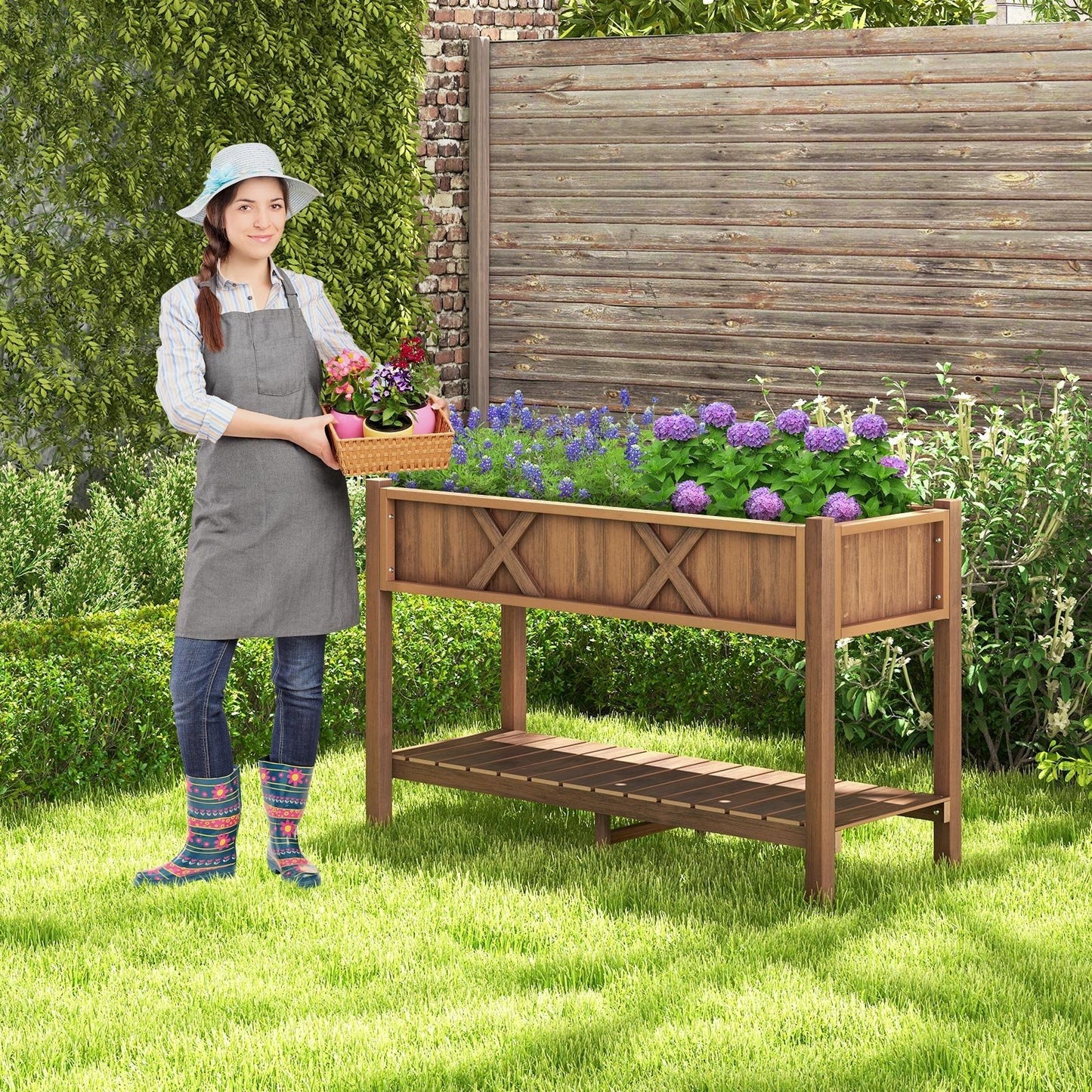 Poly Wood Elevated Planter Box with Legs Storage Shelf Drainage Holes, Coffee at Gallery Canada