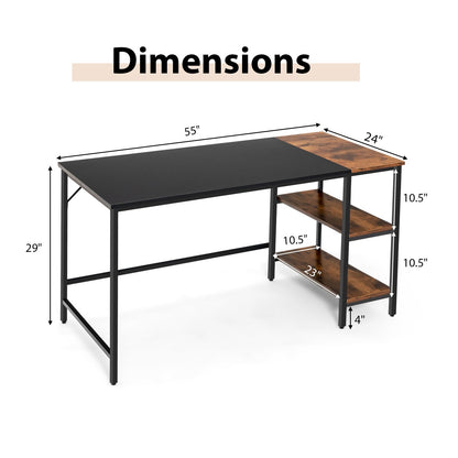 55" Modern Industrial Style Study Writing Desk with 2 Storage Shelves, Black