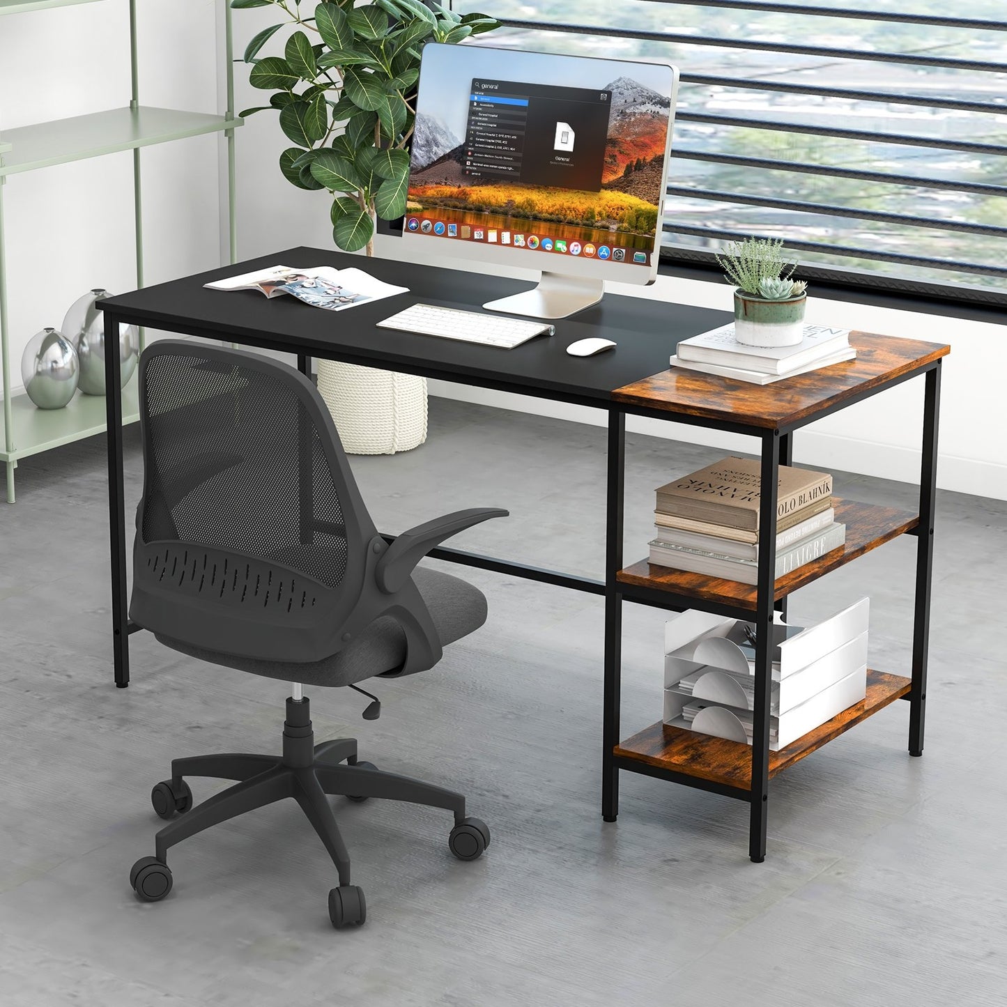 55" Modern Industrial Style Study Writing Desk with 2 Storage Shelves, Black