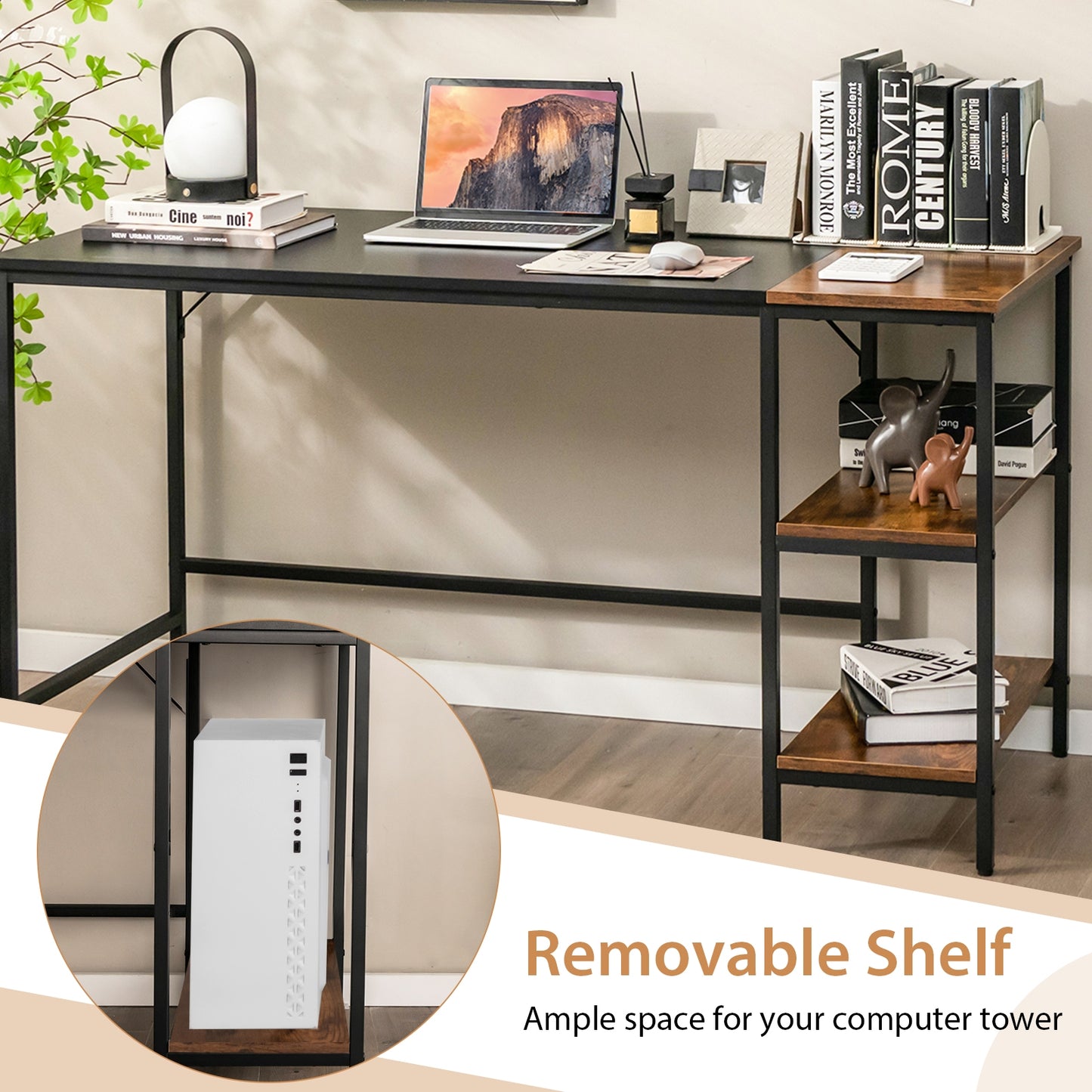 55 Inch Modern Computer Writing Desk with 2 Storage Shelves, Black Office Desks at Gallery Canada