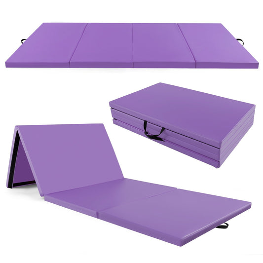 4-Panel PU Leather Folding Exercise Mat with Carrying Handles, Purple