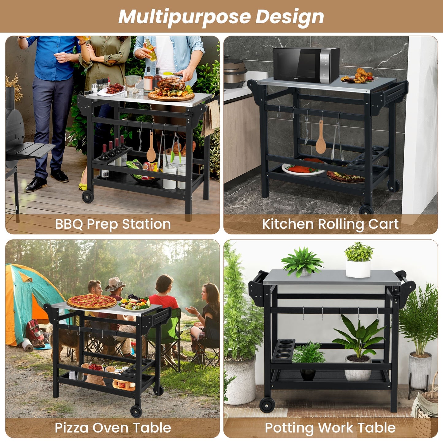 Movable Outdoor Dining Cart, HDPE Pizza Oven Stand Table, Stainless Steel Tabletop, Black Outdoor Grills at Gallery Canada