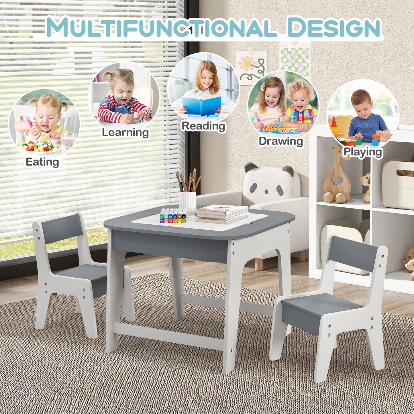 Kids Table And Chairs Set, Double-Sized Tabletop, Gray Kids Table & Chair Sets at Gallery Canada