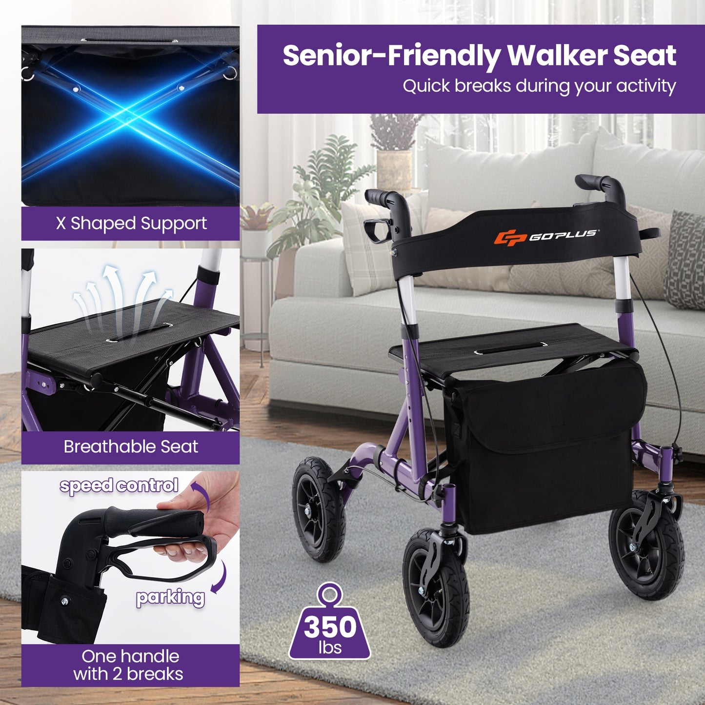 Foldable Rollator Walker, Height Adjustable With Seat, Purple Walkers & Rollators at Gallery Canada