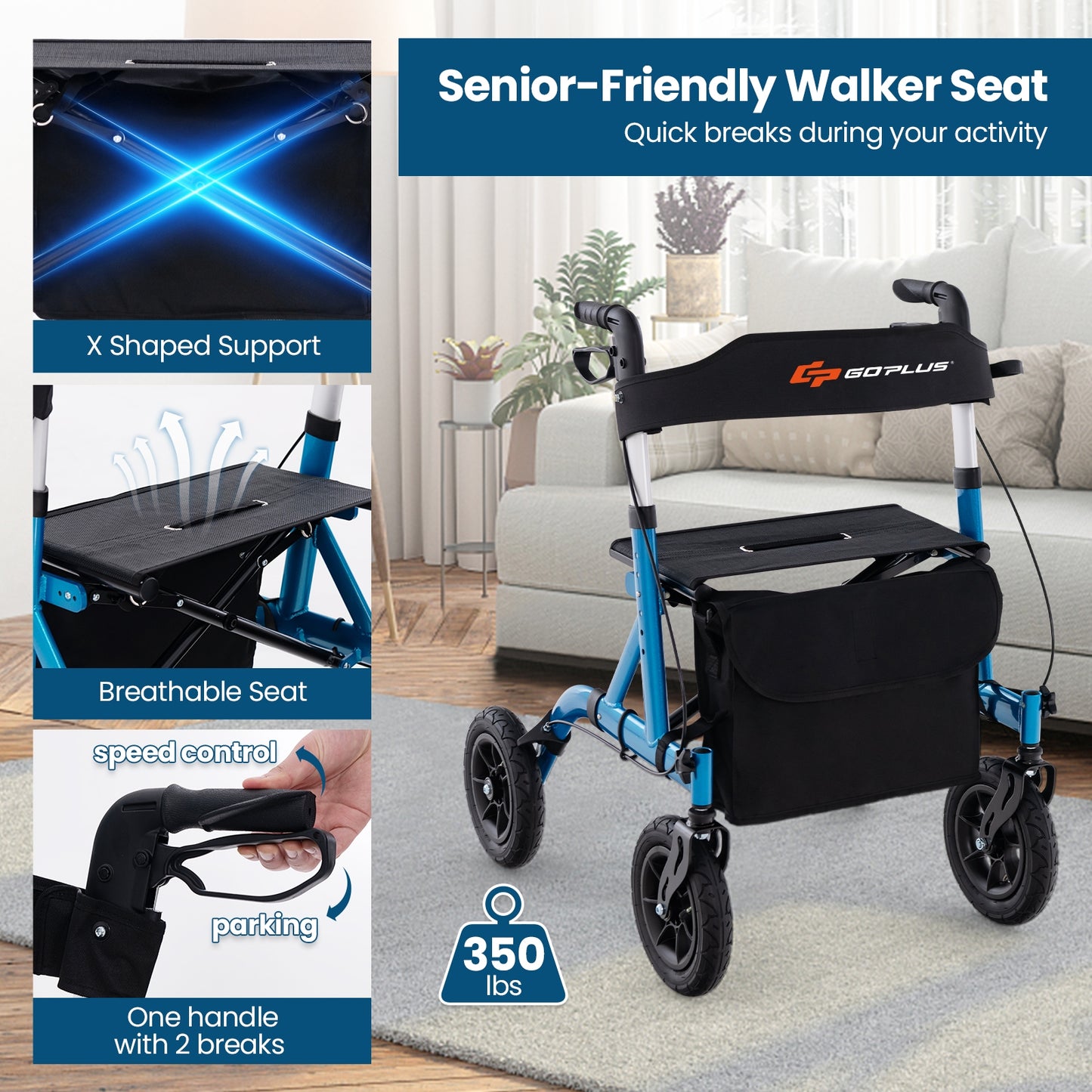 Foldable Rollator Walker With Seat, Height Adjustable, Blue Walkers & Rollators at Gallery Canada