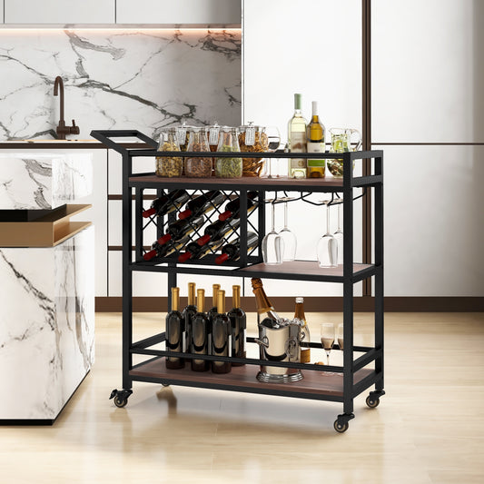 3-Tier Bar Cart On Wheels, With Wine Rack And Glasses Holder, Brown
