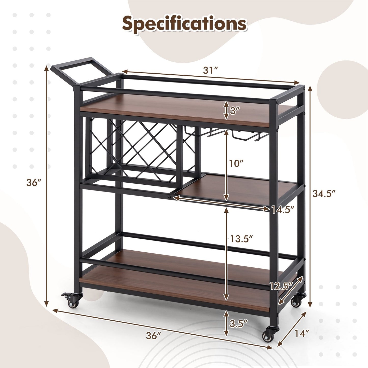 3-tier Bar Cart on Wheels Home Kitchen Serving Cart with Wine Rack and Glasses Holder, Brown