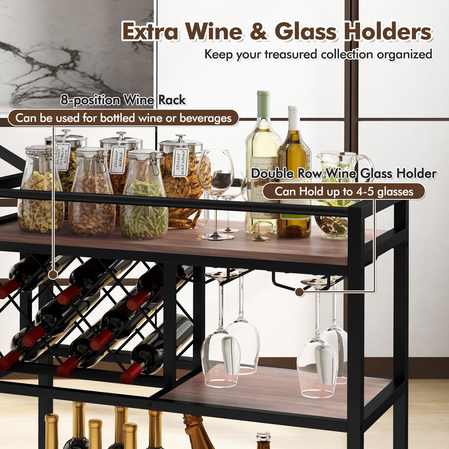 3-tier Bar Cart on Wheels Home Kitchen Serving Cart with Wine Rack and Glasses Holder, Brown Kitchen Islands & Carts at Gallery Canada