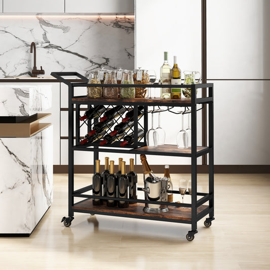 3-tier Bar Cart on Wheels Home Kitchen Serving Cart with Wine Rack and Glasses Holder, Rustic Brown Kitchen Islands & Carts Rustic Brown at Gallery Canada