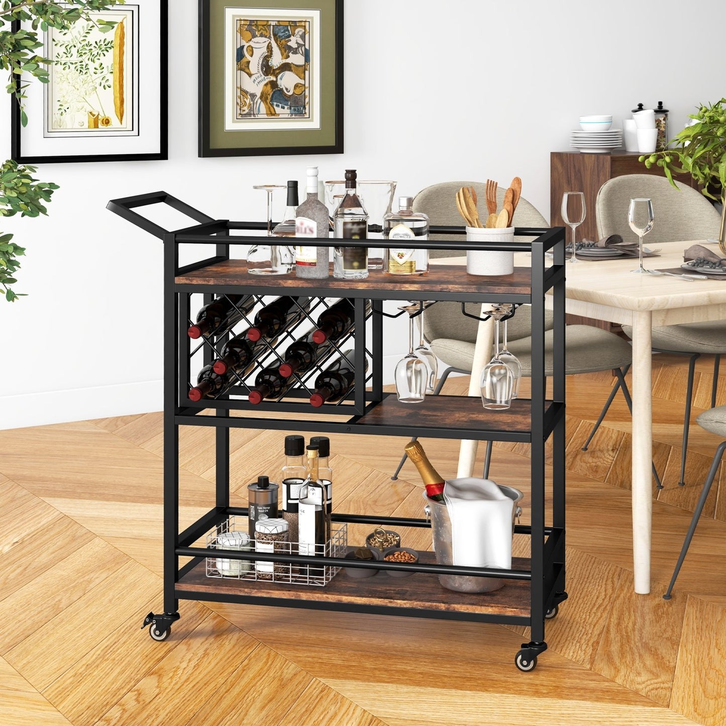 3-tier Bar Cart on Wheels Home Kitchen Serving Cart with Wine Rack and Glasses Holder, Rustic Brown