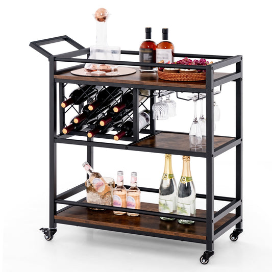3-tier Bar Cart on Wheels Home Kitchen Serving Cart with Wine Rack and Glasses Holder, Rustic Brown