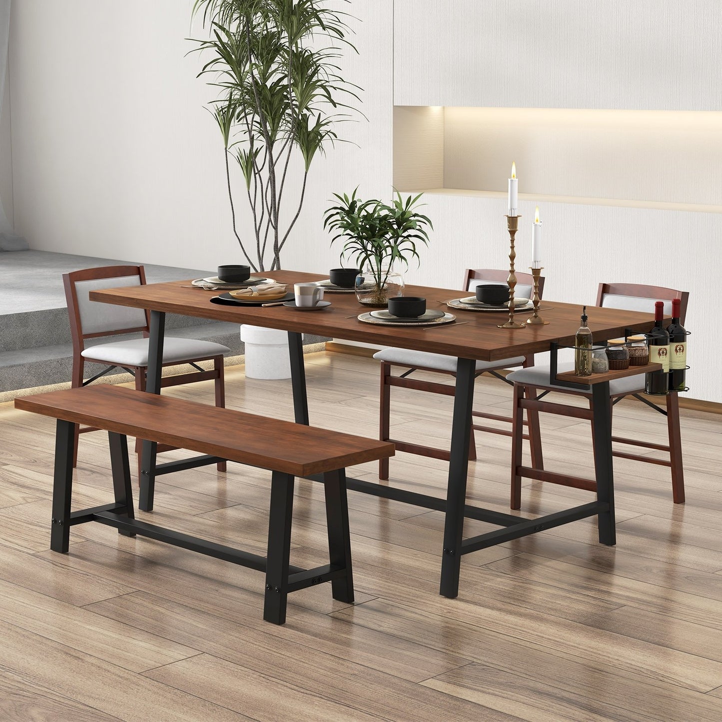 72 Inch Dining Table Rectangular Kitchen Table with 2-Bottle Wine Rack for 5-7, Walnut at Gallery Canada
