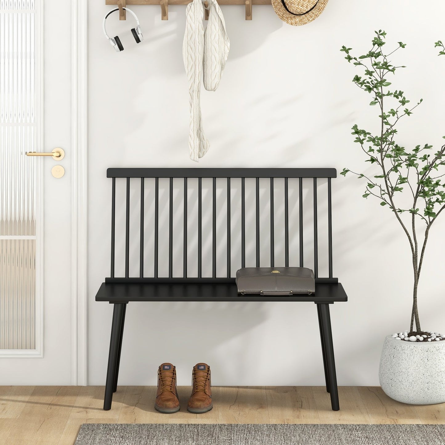 Entryway Bench for 2 with Spindle Back for Kitchen Dining Room Hallway, Black