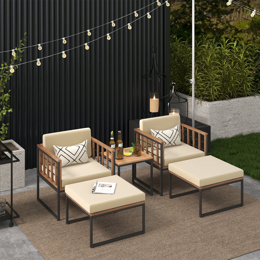 5 Piece Acacia Wood Outdoor Furniture Set, With Ottomans And Coffee Table, Beige