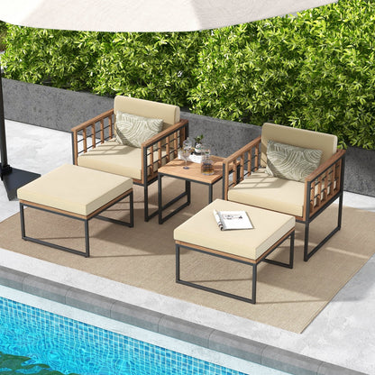 5 Piece Outdoor Furniture Set Acacia Wood Chair Set with Ottomans and Coffee Table, Beige