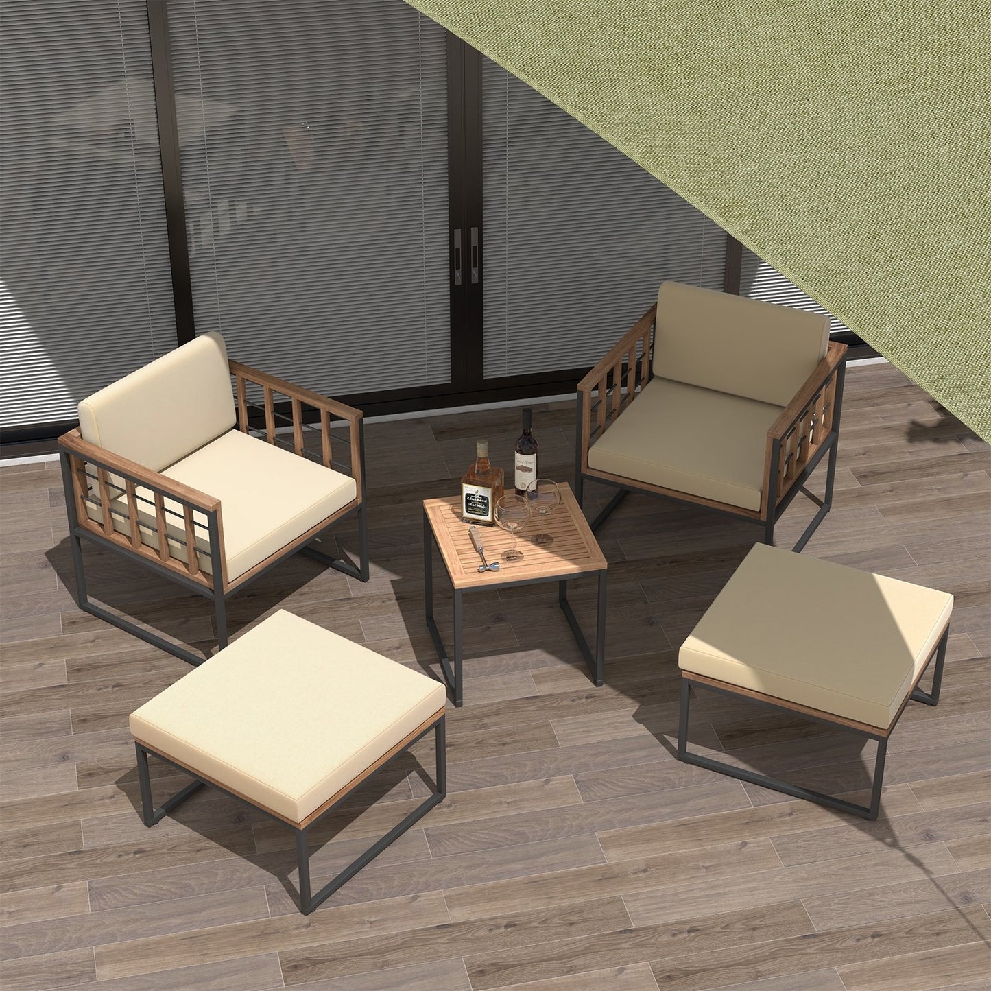 5 Piece Outdoor Furniture Set Acacia Wood Chair Set with Ottomans and Coffee Table, Beige