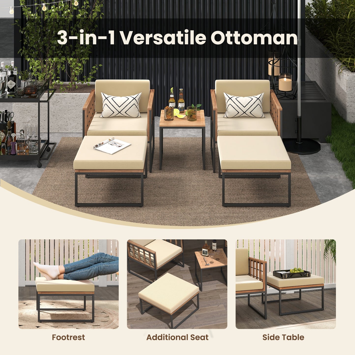 5 Piece Acacia Wood Outdoor Furniture Set, With Ottomans And Coffee Table, Beige Patio Conversation Sets at Gallery Canada