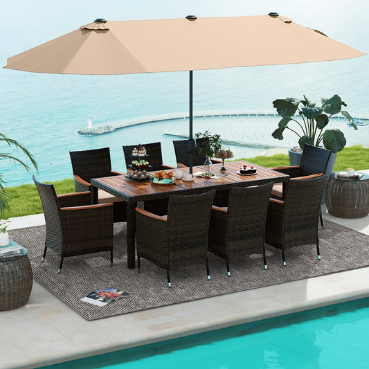 9 Piece Outdoor Dining Set, 15 Feet Double-Sided Patio Umbrella, Brown Patio Conversation Sets Brown at Gallery Canada