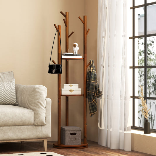 Freestanding Wooden Coat Tree, 3 Storage Shelves, 9 Hooks