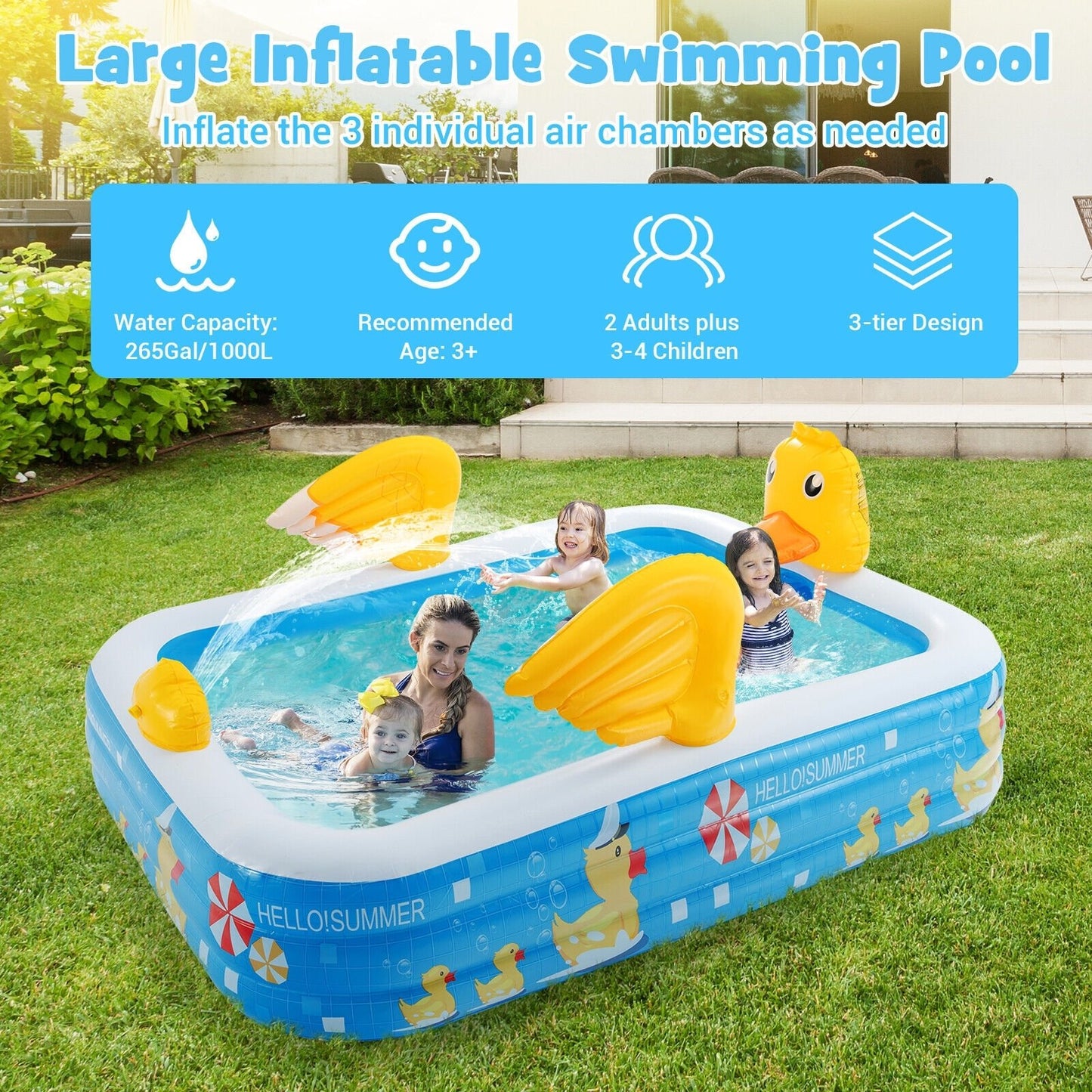 Inflatable Swimming Pool Duck Themed Kiddie Pool with Sprinkler for Age Over 3, Blue at Gallery Canada