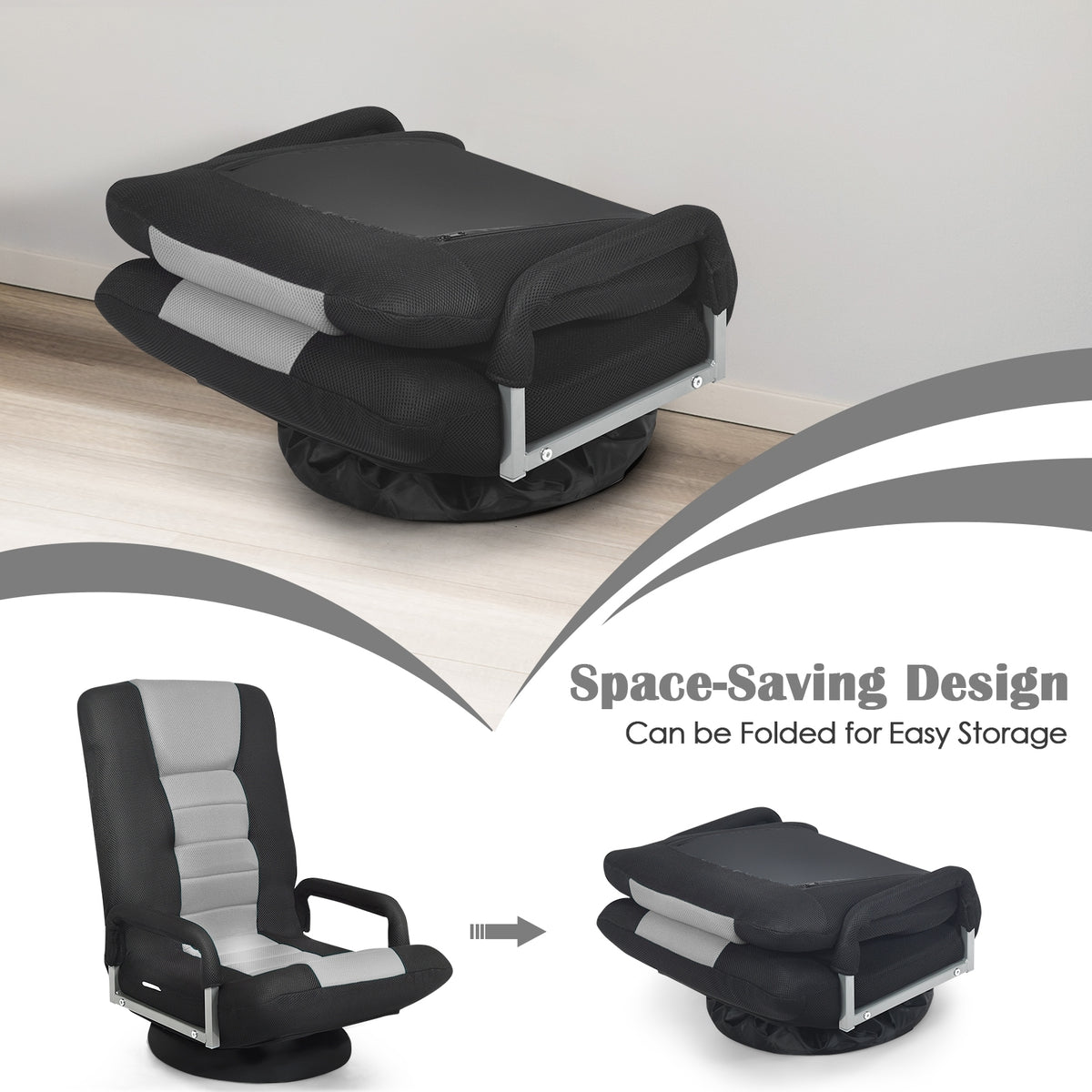 360-Degree Swivel Gaming Floor Chair, Foldable Adjustable Backrest, Gray Floor Chairs at Gallery Canada